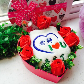 教师节礼物实用礼物送老师棉刻字毛巾心形礼盒装香皂玫瑰花团购