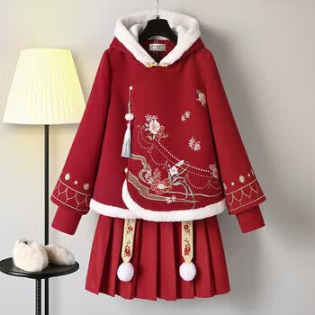 袄古风唐装新年穿的改良版汉服女秋冬季汉素卫衣套装 红色上衣 红色百
