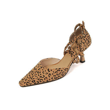 他她素女鞋tatasu 法式尖头豹纹包头凉鞋女夏季猫跟脚腕带显瘦高跟