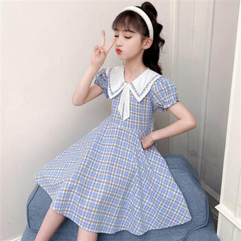 韵泽女童连衣裙夏季薄款小女孩裙子新款中大童4-12岁小学生海军领格子