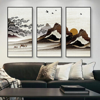山水画客厅装饰画新中式沙发背景墙壁画中堂招财风水靠山艺术三联画
