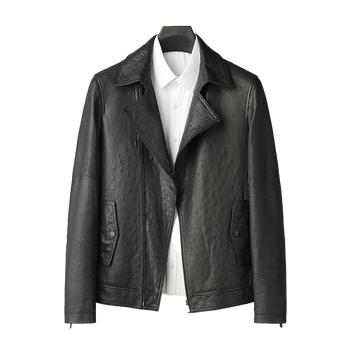 恒源祥高档进口鸵鸟皮皮衣男机车皮衣奢侈品高端品牌皮衣男士真皮皮