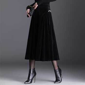 糜竺金丝绒半身裙女秋冬修身显瘦a字伞裙加厚保暖百褶裙冬季女士高腰