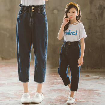 女童高腰牛仔裤春秋装洋气宽松童裤弹力裤女孩小学生儿童阔脱裤子 深