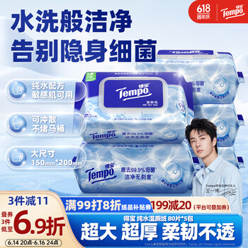 得宝（TEMPO）一博同款 纯水湿厕纸  80片*5包 深澈水感可冲散 湿纸巾 湿巾 
