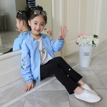 春季2019新款韩版中大童装春季儿童女童春秋时髦网红外套 浅蓝色刺绣