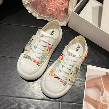 2022网红帆布鞋女夏款薄厚底大头奶fufu鞋涂鸦学生休闲板鞋小白鞋白色