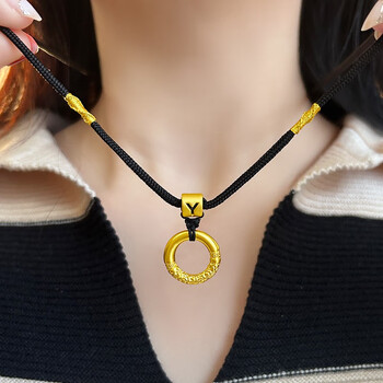 扣吊坠情侣款黄金如意素圈编织项链送女 平安扣字母吊坠黑绳/金重约2g