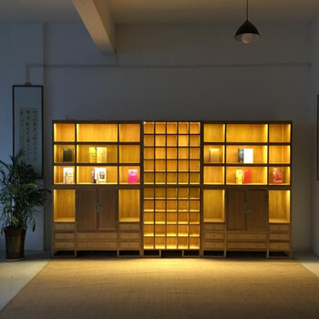 老榆木茶叶展示柜新中式书柜书架禅意带灯展柜实木茶具瓷器陈列柜 老