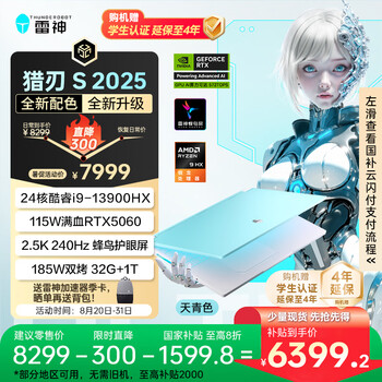 雷神猎刃S 2025【RTX5060】16英寸设计AI编程游戏本笔记本电脑(酷睿i9HX 32G1T)国家政府补贴20%天青色