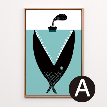 卡通北欧风儿童房间卧室鲨鱼装饰画餐厅挂画墙画壁画墙面有框动物