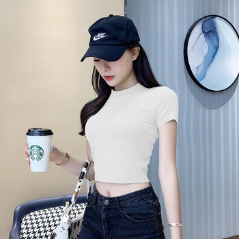 勿棉漏脐短袖紧身上衣女生露肚子的衣服拼色撞色高腰短款露脐运动夏天