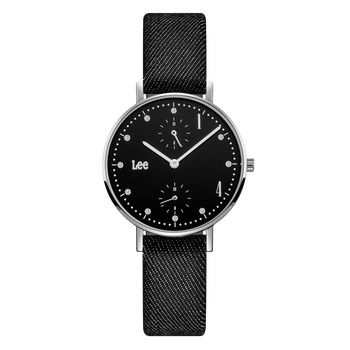 lee 手表女款32mm黑表盘银边牛仔布带超薄石英男士情侣手表 lef-f138