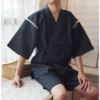 2018时尚春秋夏季男士和服短袖睡衣套装日式睡衣男和风温泉家居服 黑