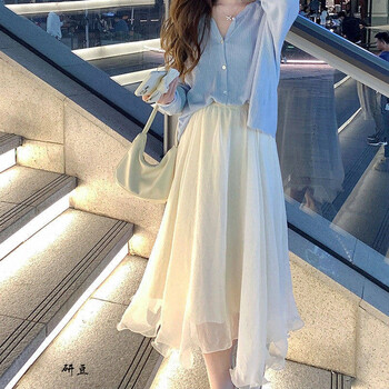 个子半身裙女春夏150显高穿搭高腰a字网纱仙女中长裙子xs 米白色75cm