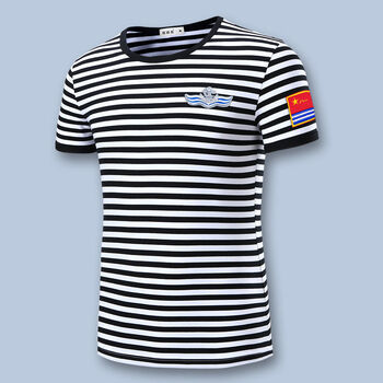 条纹绣标航母水手服八一战友纪念聚会团购服半袖 黑色 臂章绣 海军旗