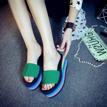 法英莎拖鞋女夏季防滑增高厚底凉拖鞋女士韩版时尚透气一字拖室外穿坡跟 绿色 35
