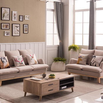 实木沙发后现代沙发大小户型布艺沙发简约沙发组合客厅沙发 3 2 杏色