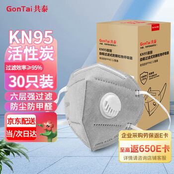 共泰 带呼吸阀KN95防尘活性炭口罩 防甲流感工业灰粉尘透气GT9502V 30只