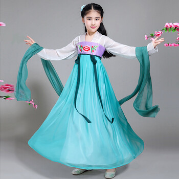 儿童汉服改良襦裙中国风绣飘逸古筝表演服女童古装仙女演出服冬 蓝色