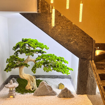 迎客松仿真迎客松现代创意摆设个性仿真松树迎客松新中式楼梯下绿植