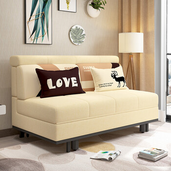 沙发床折叠两用 高靠背小户型实木推拉布艺沙发 米色棉麻 1.8米乳胶款