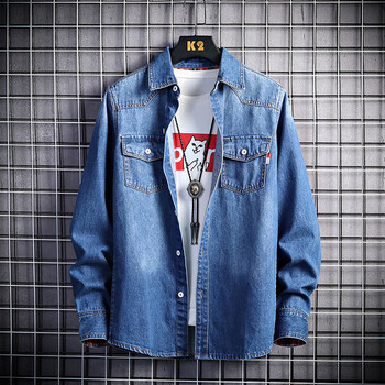 男生穿的年新款男士休闲牛仔衬衫宽松薄款长袖上衣服搭配帅气外套男孩