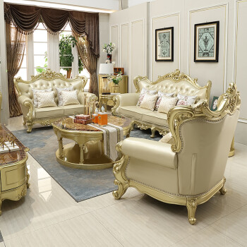 欧式实木沙发组合香槟金新古典真皮皮艺沙发大小户型客厅家具 香槟金