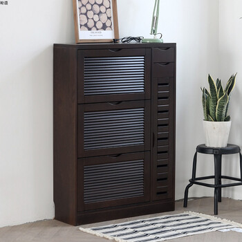 简约现代榉木实木百叶窗北欧翻斗鞋柜 25cm三门胡桃色带储物 整装