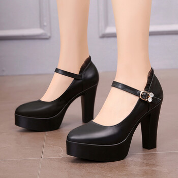 2019春旗袍t台女鞋高跟单鞋女粗跟防水台白色舒适走秀模特鞋 黑色 跟