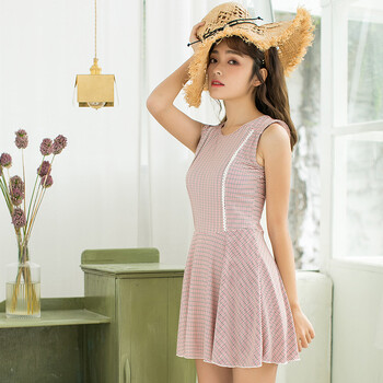 女小胸连体泳钢托小格子连体泳衣保守裙式泳装温泉平角201980保守温泉