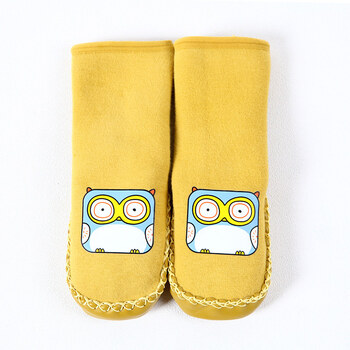 袜婴儿秋冬棉男女童防滑底0-1-3-5-7岁8 宝宝地板鞋袜 卡通猫头鹰黄色