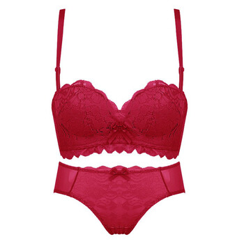 师原创】无肩带防滑聚拢内衣性感蕾丝无钢圈小胸调整型文胸 酒红色