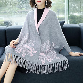 禾佳成新品七彩大流苏披肩斗篷斗篷披肩外套女秋冬加厚保暖带袖子流苏