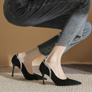 百丽黑色高跟鞋女细跟尖头气质名媛水钻御姐单鞋2023年新款通勤职