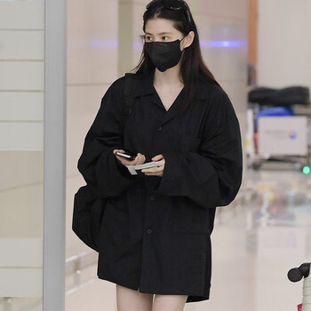 优囹韩素希同款衬衫外套女黑色d慵懒bf男友秋韩系衣领上衣优囹 s 黑色