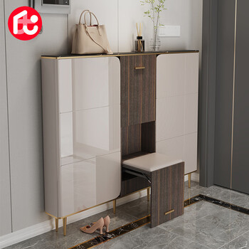 沐眠 京东居家优选 轻奢超薄翻斗岩板鞋柜带换鞋凳窄家用门口小型入户