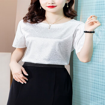 麟零杭州重磅真丝短袖t恤小衫女夏季妈l妈宽松时尚洋气高端桑蚕丝上衣