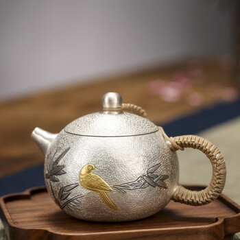 【轻奢高端】矜靡 银壶泡茶壶喜鹊银999手工鎏金西施壶家用功夫茶道