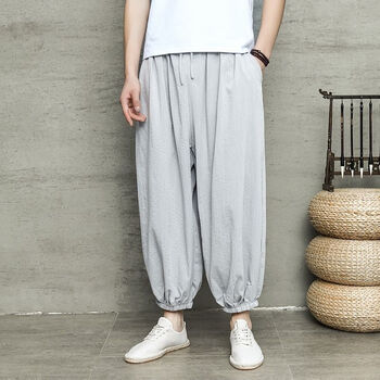 璀姗夏季亚麻收口裤男冰丝亚麻裤男加肥加大宽松阔腿裤灯笼裤潮牌萝卜