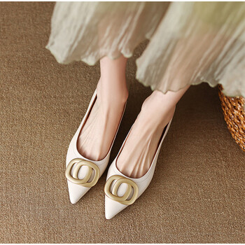 羽汐恋女瓢鞋纯皮小跟法式猫跟单鞋女2023真皮尖头绿色小跟鞋复古金米