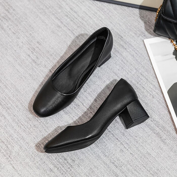 a空姐久站不累脚工作鞋女方头黑职业上班面试工装粗跟皮鞋上班鞋女