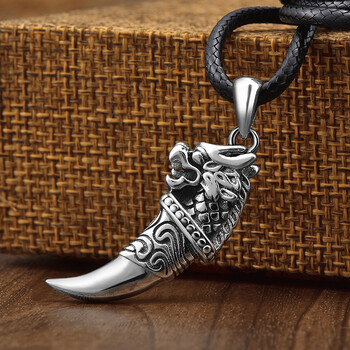 君呈水晶 狼牙吊坠s纯龈实心狼牙项链男生百搭银吊坠复古霸气狼头银