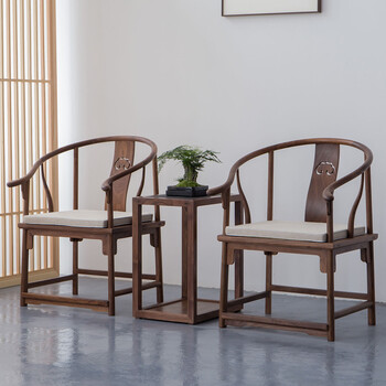 裕臻新中式全圈椅茶几三件套黑胡桃木仿古官帽椅太师椅茶室家具 黑