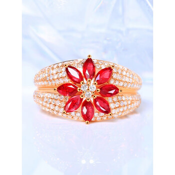 丹普珠宝红宝石戒指玫瑰金镶嵌钻石花款彩宝宽面手饰轻奢手饰