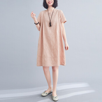 亚麻连衣裙夏季中长款小个子韩版提花棉麻中女装时尚亚麻圆领a字裙子