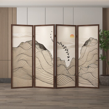 蓝氏家园  新中式复古线条山川飞鸟屏风隔断折叠移动装饰客厅玄关卧室