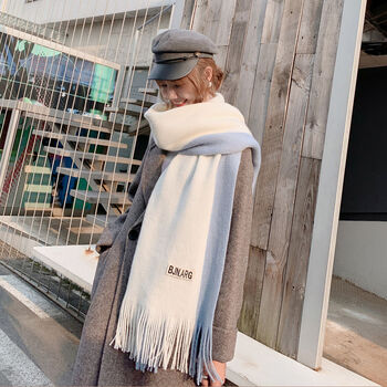 韩版冬季加厚长款日系百搭拼色仿仿羊绒毛线围巾年轻围脖双色贴标蓝白