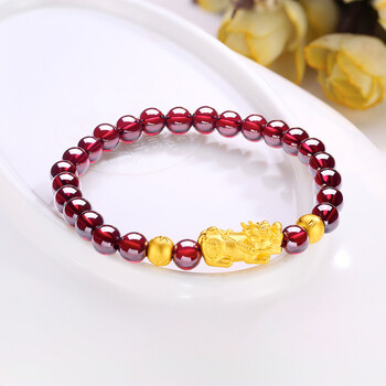 老凤凰黄金貔貅3圈石榴石手链女足金999转运珠路路通3d硬金招财手串