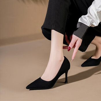 ckcotton kudos礼仪正装通勤黑色绒面高跟鞋女2023年细跟马蹄跟工作鞋
